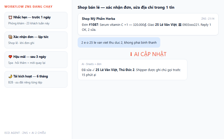 Demo ZNS shop ban le khach sua dia chi trong 1 tin nhan