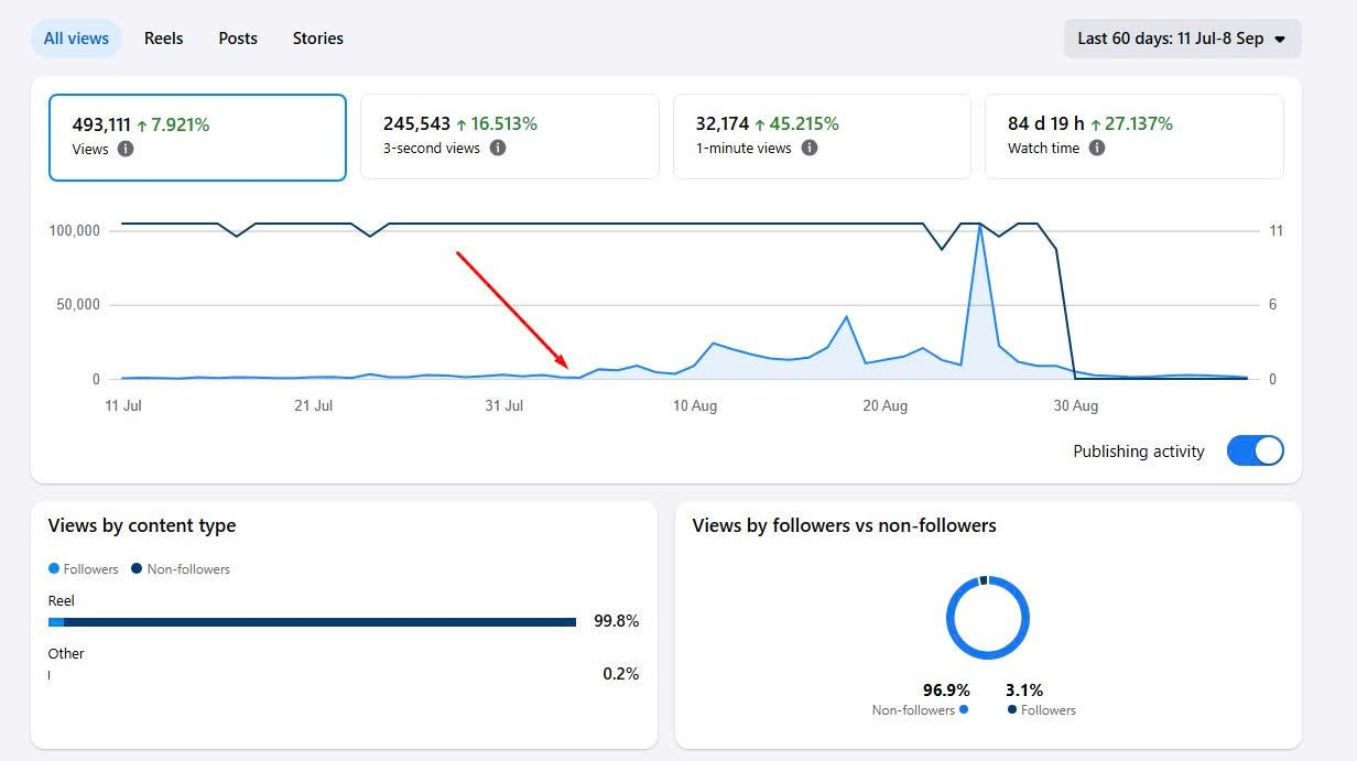 Reels Analytics 493K views 99.8% Reels 96.9% non-follower