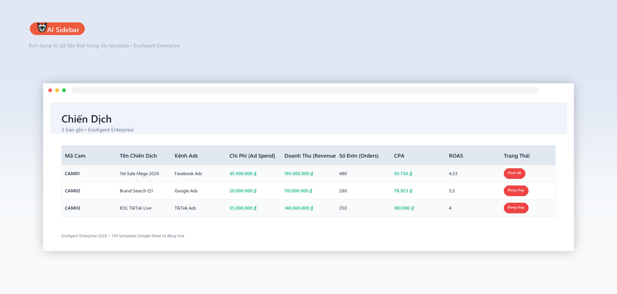 🤖 AI Sidebar — Trợ lý AI trong Google Sheets: phân tích ROAS, gợi ý tối ưu ngân sách, viết báo cáo tuần/tháng tự động — không cần dùng công cụ phụ.