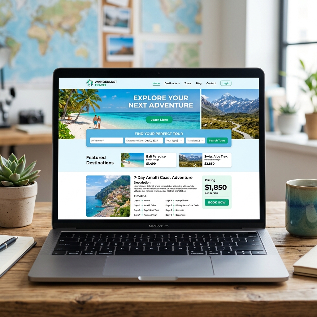 Thiết Kế Website Du Lịch &#038; Booking Tour Chuyên Nghiệp, Chuẩn SEO - Giao diện Desktop thay thế (Alternative Desktop Mockup)